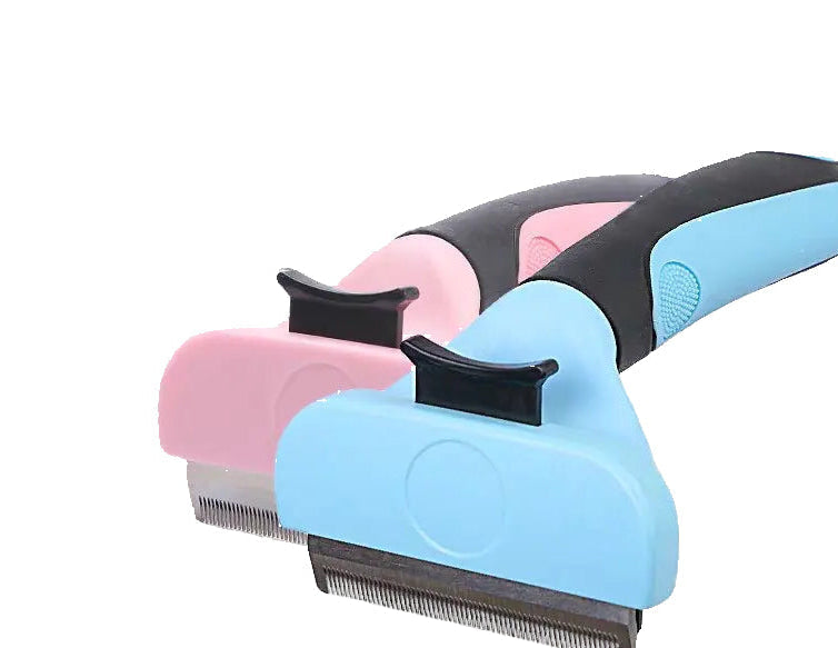 Pet grooming brush with a close-up of collected fur, next to a dog and a hand holding the brush.